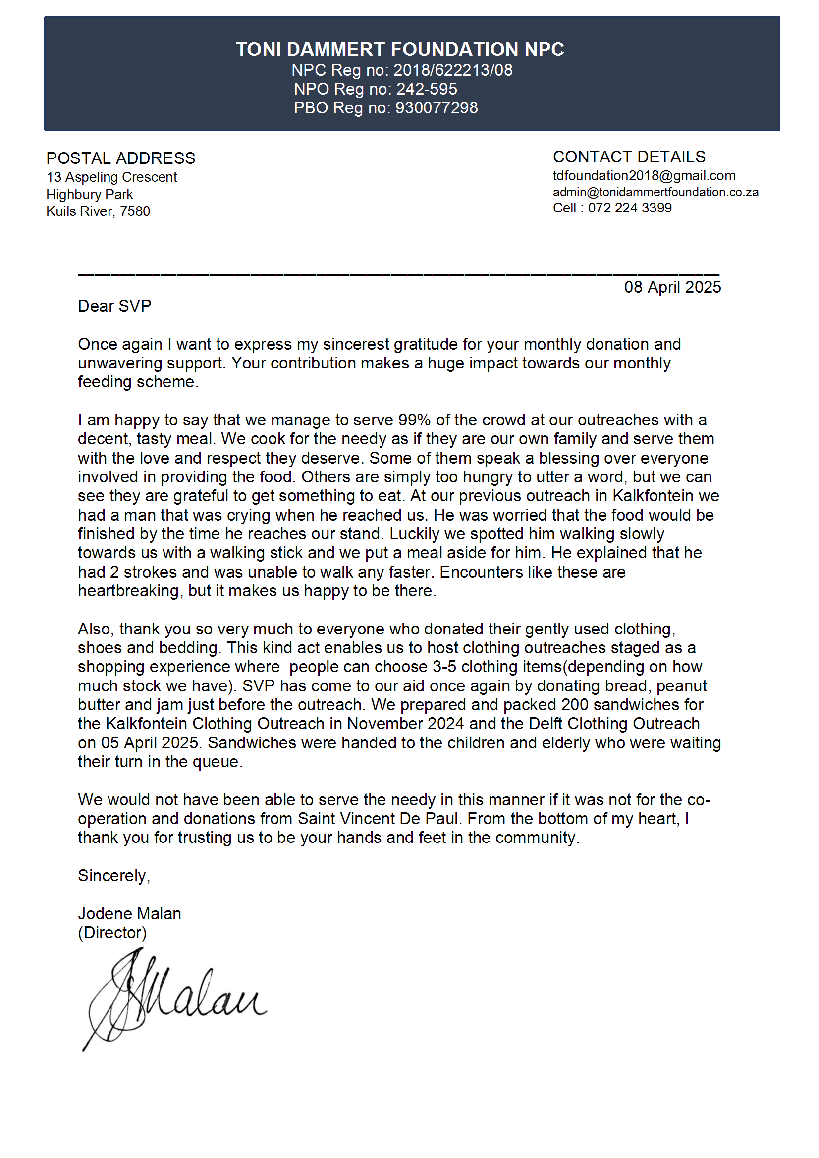 Toni Dammert Foundation thank you letter